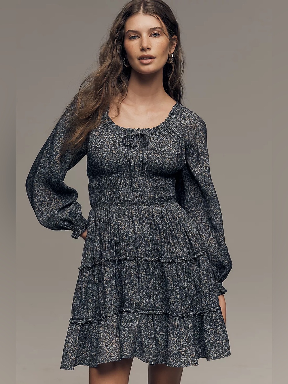 💝MYNE:)💐🦋 ✨NEW!✨ PAIGE Kenmare Tiered Long-Sleeve Dress in NAVY MULTI Size XXS